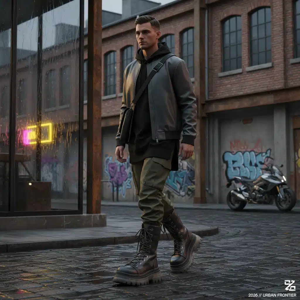 Homem usando botas robustas de design futurista, combinando estilo streetwear e durabilidade, uma forte tendência para 2026.