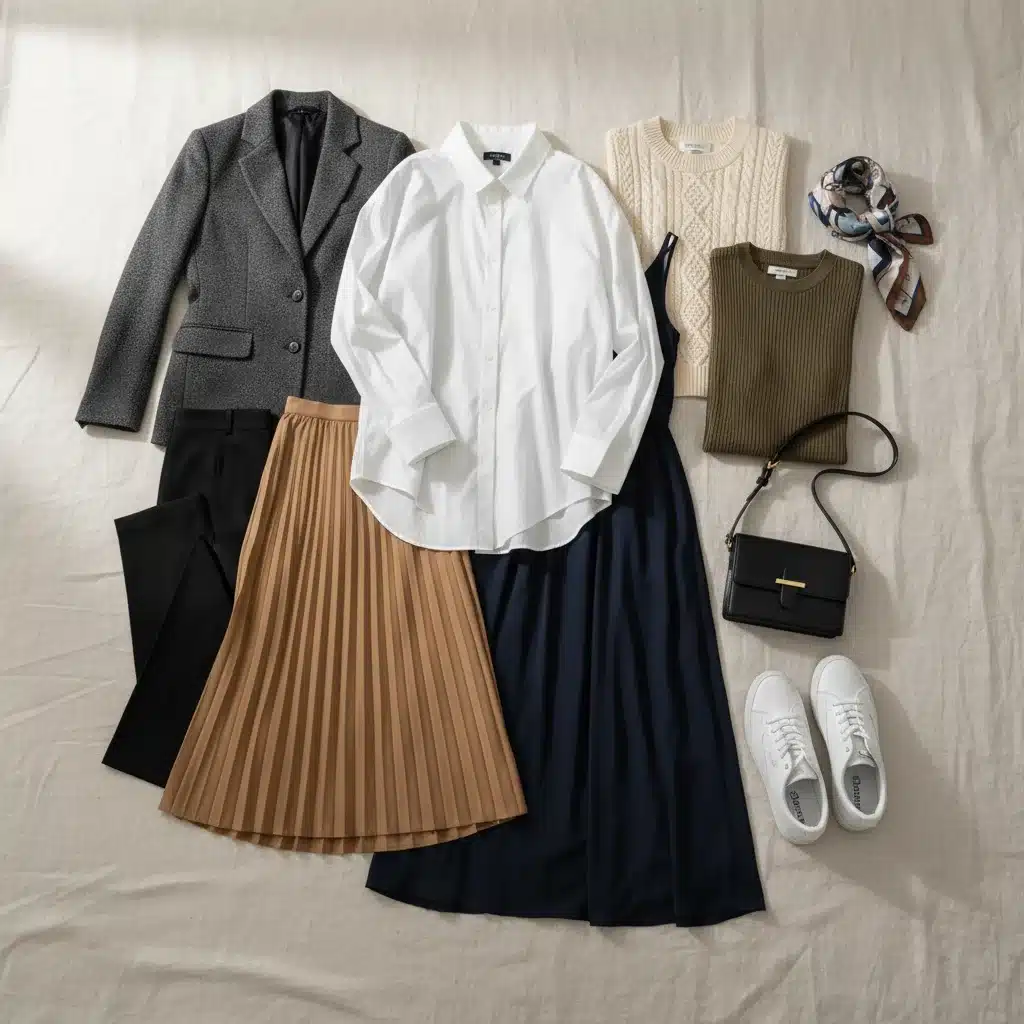 Dez peças de roupa essenciais dispostas de forma organizada para um guarda-roupa cápsula.
