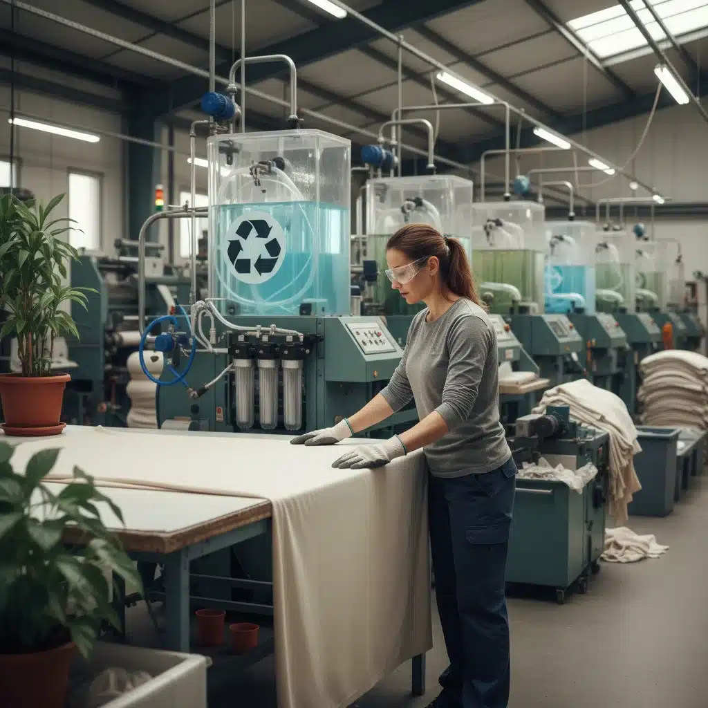 Trabalhador em fábrica têxtil sustentável, com maquinário eficiente no uso da água.