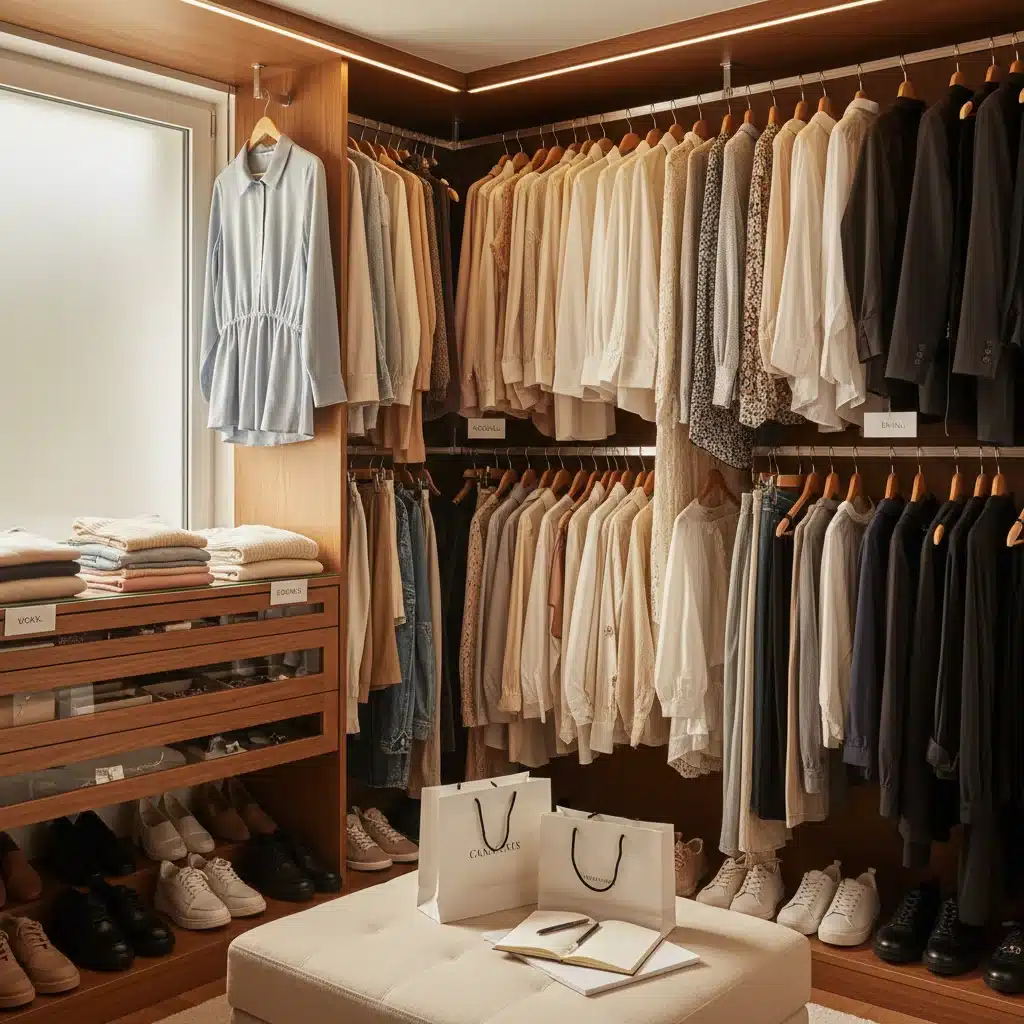 Guarda-roupa organizado e funcional, refletindo um estilo pessoal bem definido após consultoria com Personal Shopper.