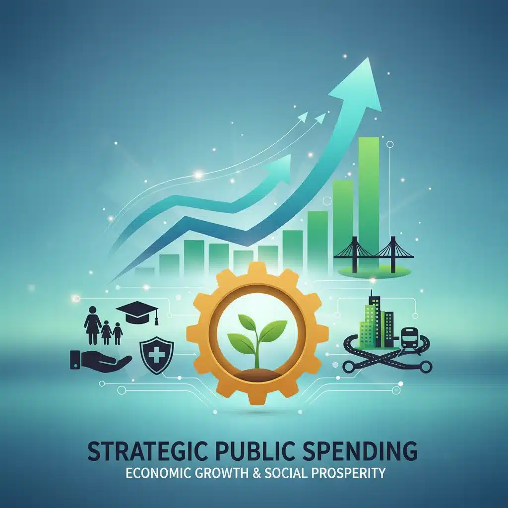 Gráficos de crescimento econômico e símbolos de programas sociais e infraestrutura, mostrando impacto do gasto público.