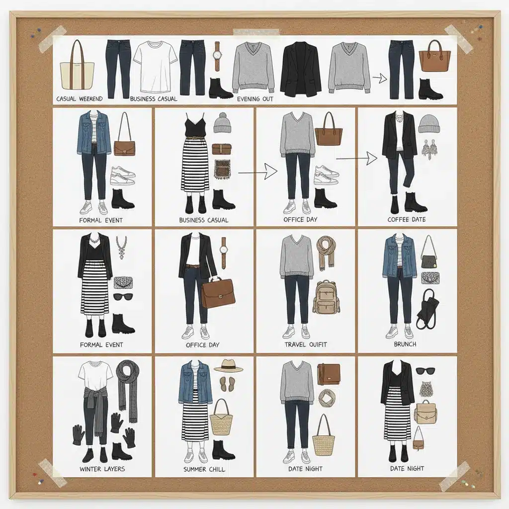 Colagem de múltiplos looks criados a partir de um conjunto limitado de peças de roupa.
