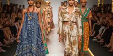 Modelos exibindo moda afro-brasileira vibrante em desfile de alta costura, celebrando a cultura e a inovação.