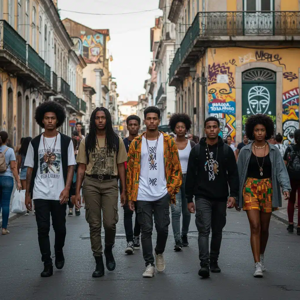 Jovens em estilo urbano moderno, vestindo roupas com toques afro-brasileiros, em cenário de rua vibrante.