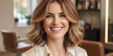 Mulher sorridente com corte bob moderno e mechas quentes rejuvenescedoras.