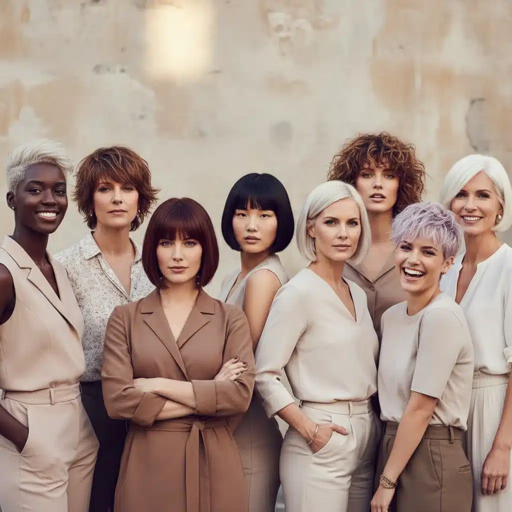 Grupo de mulheres com diversos cortes curtos e cores de cabelo modernas.
