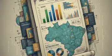 Documento do Orçamento Federal 2026 com gráficos e mapas do Brasil, representando planejamento econômico.