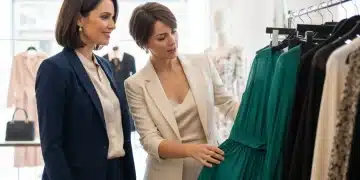 Mulher elegante e confiante interagindo com sua Personal Shopper em uma loja de roupas, explorando opções de estilo.