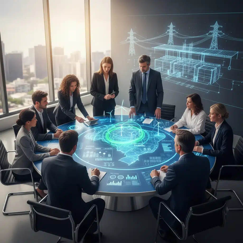 Profissionais discutindo projetos de energia renovável e resiliência climática