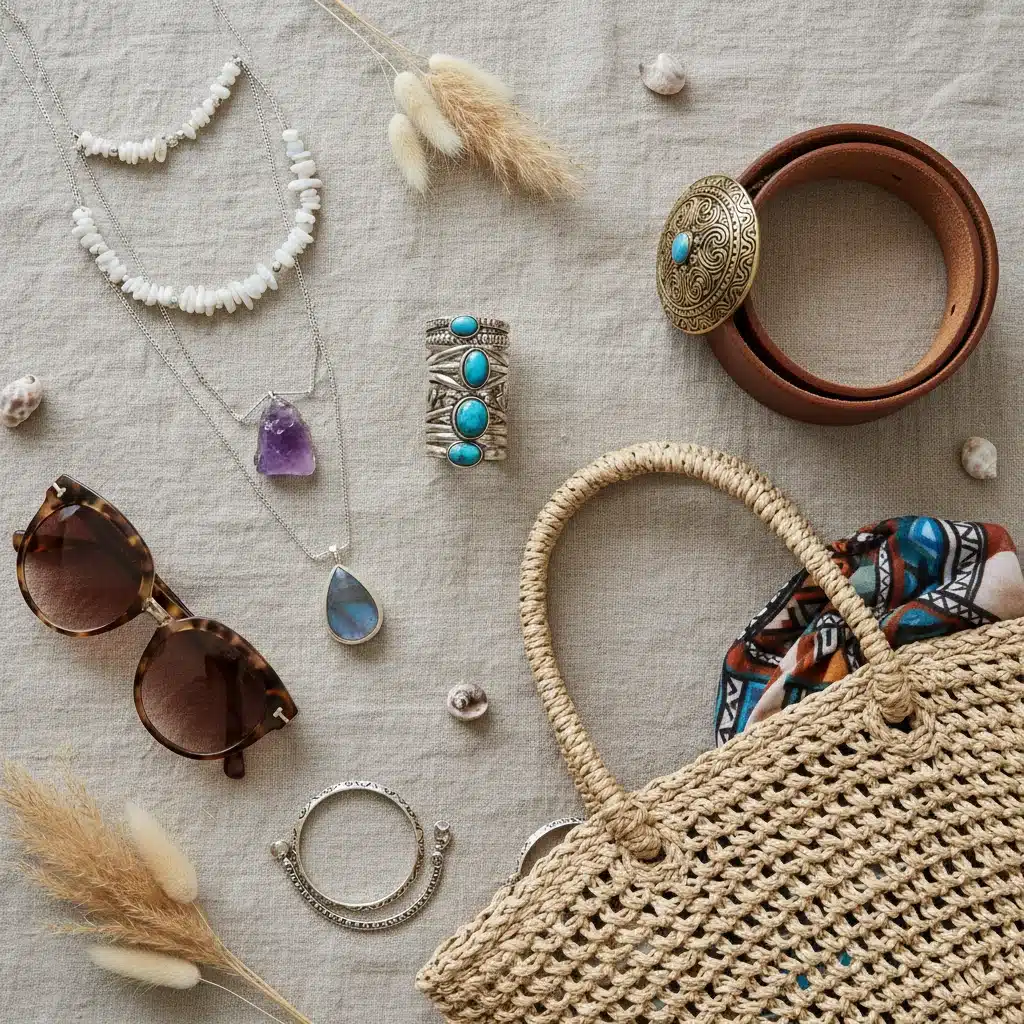 Accessoires bohèmes chics : bagues, colliers, lunettes de soleil, ceinture en cuir, sac en paille, disposés harmonieusement.