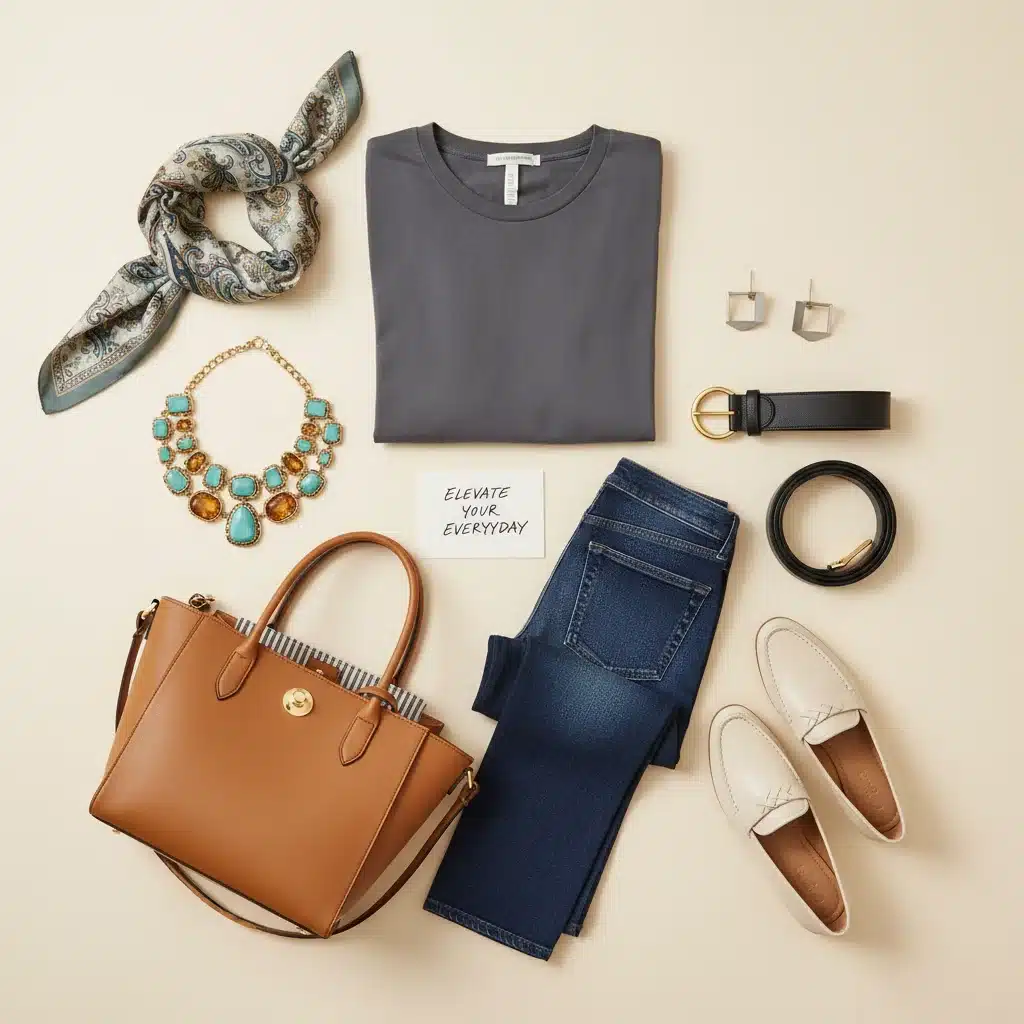 Accessoires variés disposés à plat pour compléter un dressing capsule et créer de multiples looks