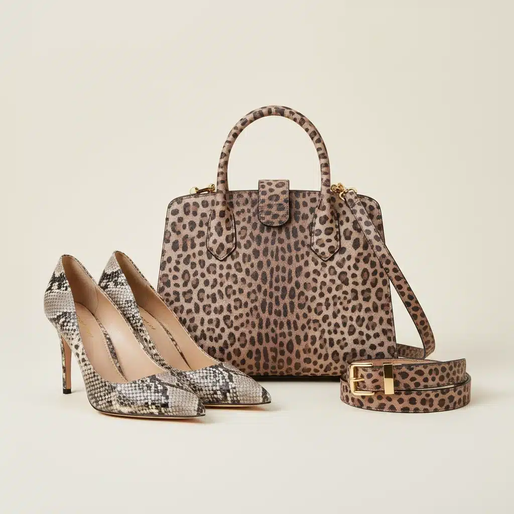 Accessoires de mode avec imprimé animalier, dont un sac à main et des chaussures, sur fond neutre.