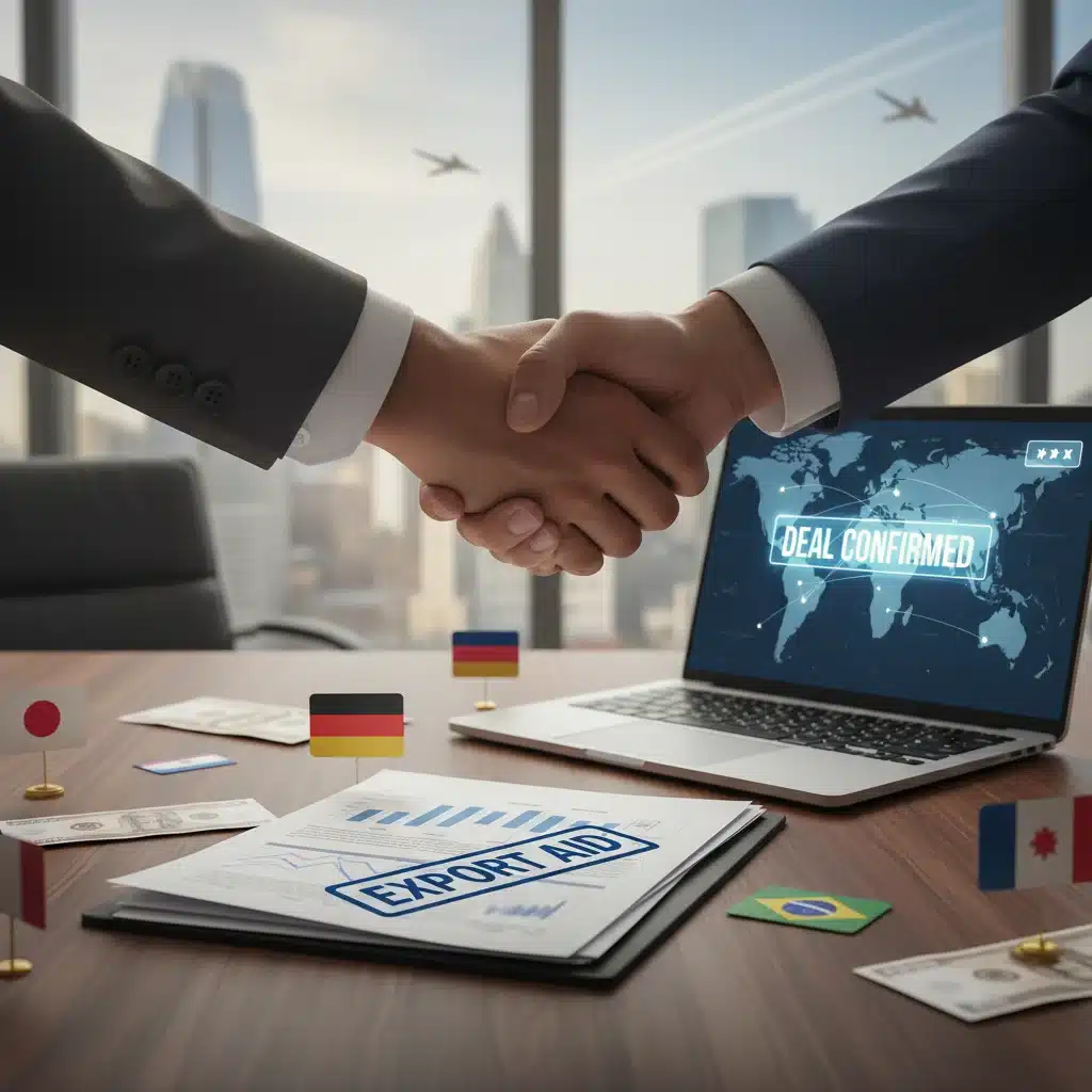Poignée de main symbolisant un accord commercial international, illustrant le succès des aides à l'export pour les entreprises françaises.