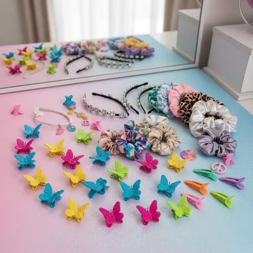 Acessórios de cabelo coloridos e divertidos inspirados nos anos 2000, como presilhas de borboleta e scrunchies.