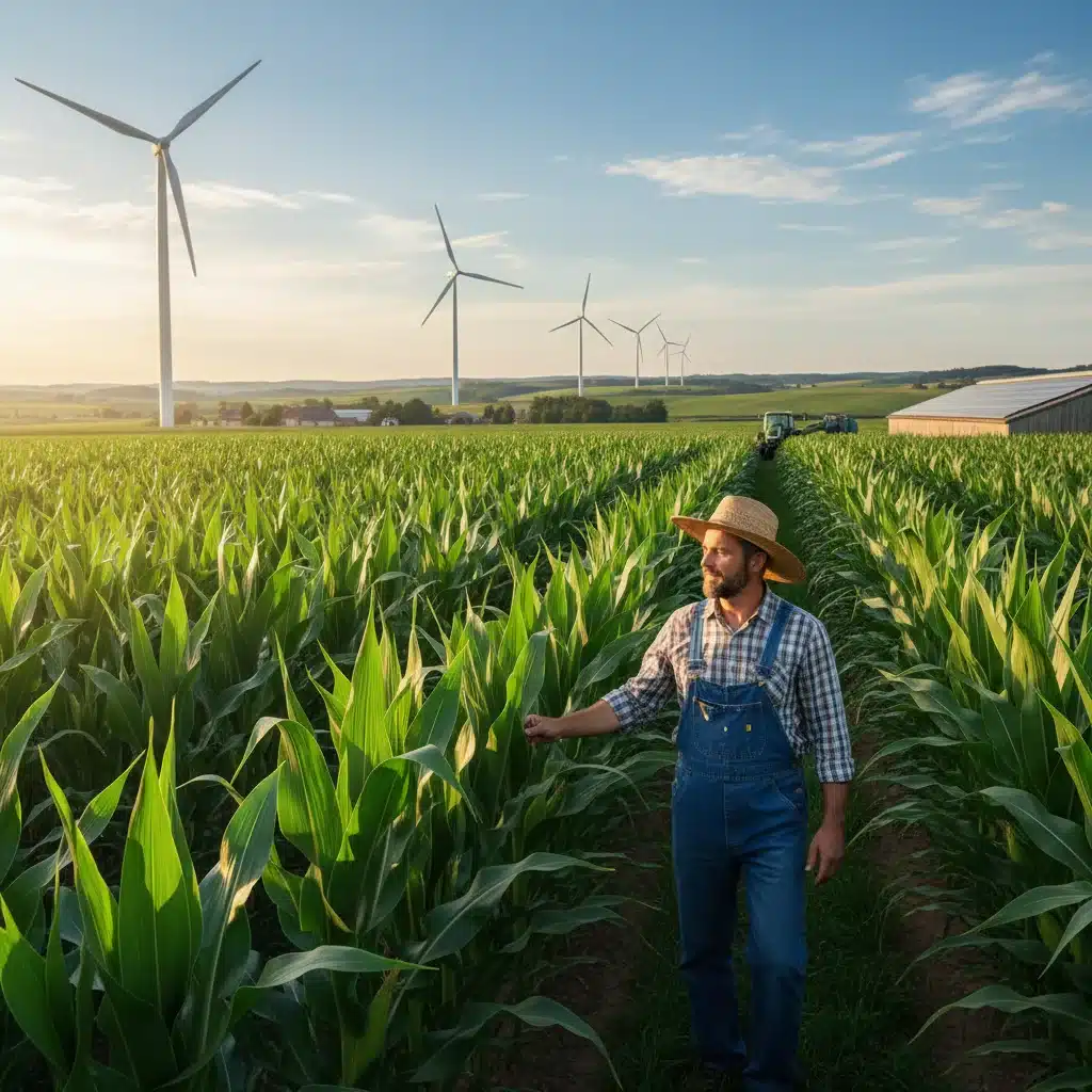 Agriculteur dans un champ avec éoliennes en arrière-plan, illustrant l'agriculture et l'énergie verte.
