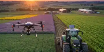 Paysage agricole français moderne avec drone et tracteur de précision au lever du soleil