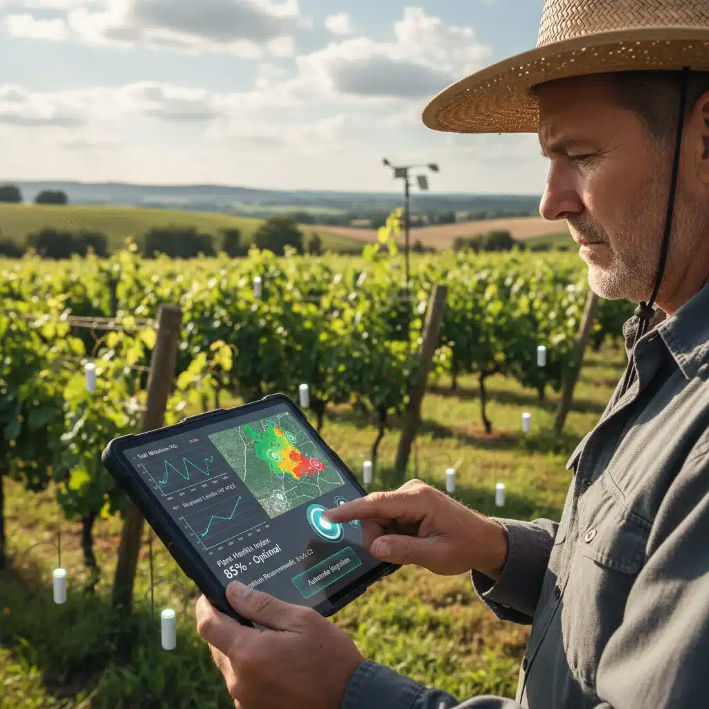 Agriculteur utilisant une tablette pour surveiller les données de capteurs dans un vignoble