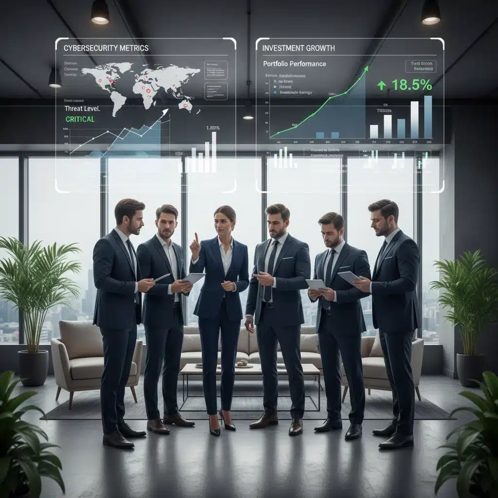 Professionnels analysant des données de cybersécurité et de croissance d'investissement.