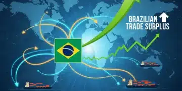 Gráfico otimista da balança comercial brasileira projetando superávit de US$ 80 bilhões em 2026, com elementos de comércio global e crescimento econômico.