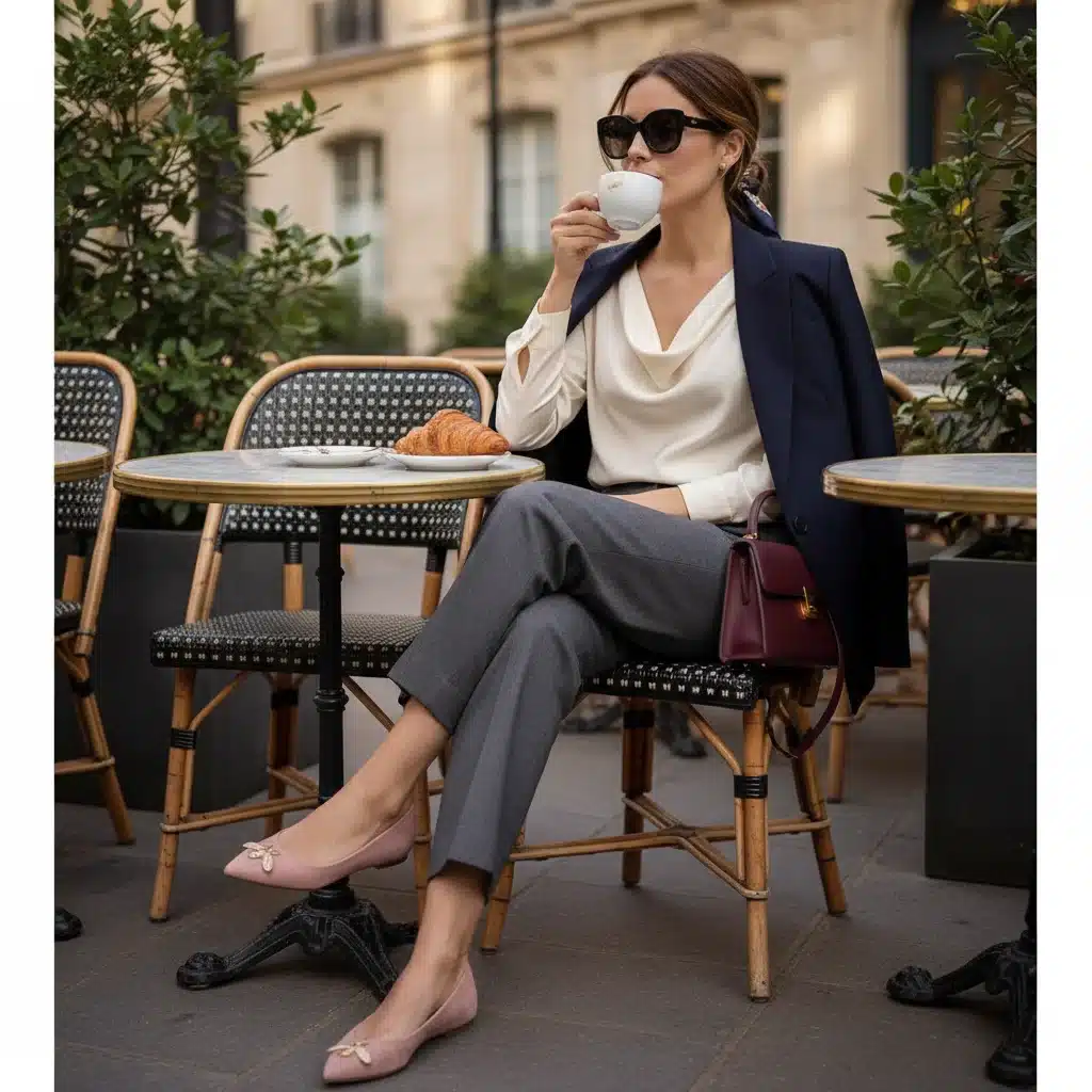 Femme portant des ballerines élégantes avec un pantalon ajusté, assise dans un café, incarnant le confort et le chic à la française.