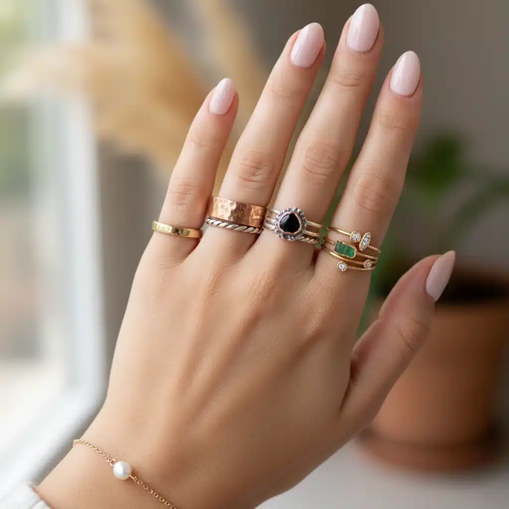 Mains ornées de bagues superposées et bracelets délicats, bijoux tendance 2026