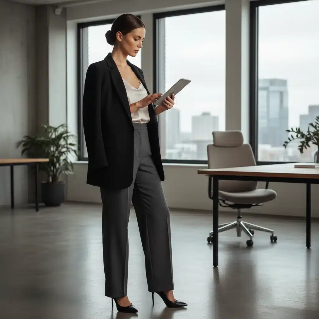 Femme professionnelle en blazer oversized noir, pantalon large et talons, dans un bureau moderne.