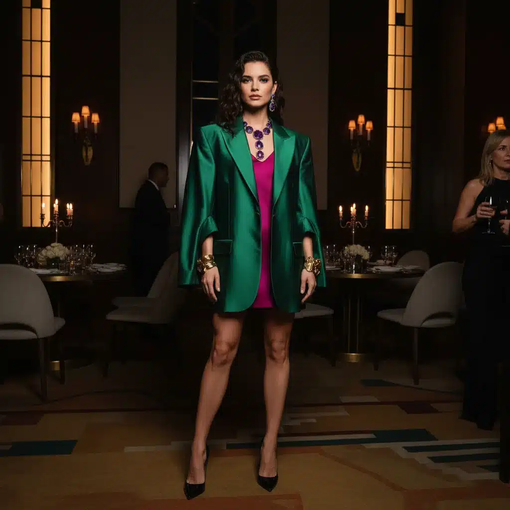 Femme en blazer oversized satiné couleur vive pour une soirée élégante, avec bijoux voyants.