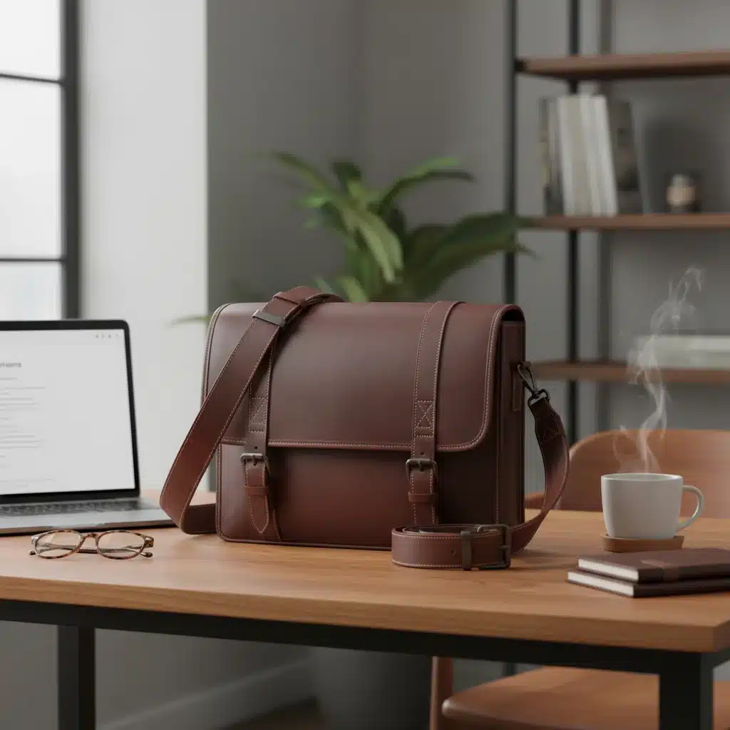 Bolsa masculina de couro moderna em mesa de escritório com laptop.