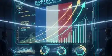 Graphique futuriste du budget de l'État 2026 avec des chiffres et des tendances économiques.