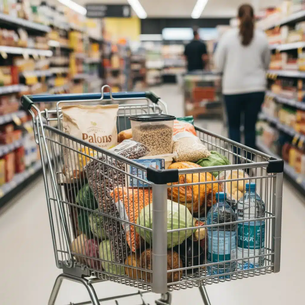Caddie de courses avec des produits variés, illustrant les choix économiques des consommateurs.