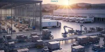 Centre logistique moderne en France avec des camions et des systèmes automatisés, illustrant l'efficacité et la croissance future du transport.