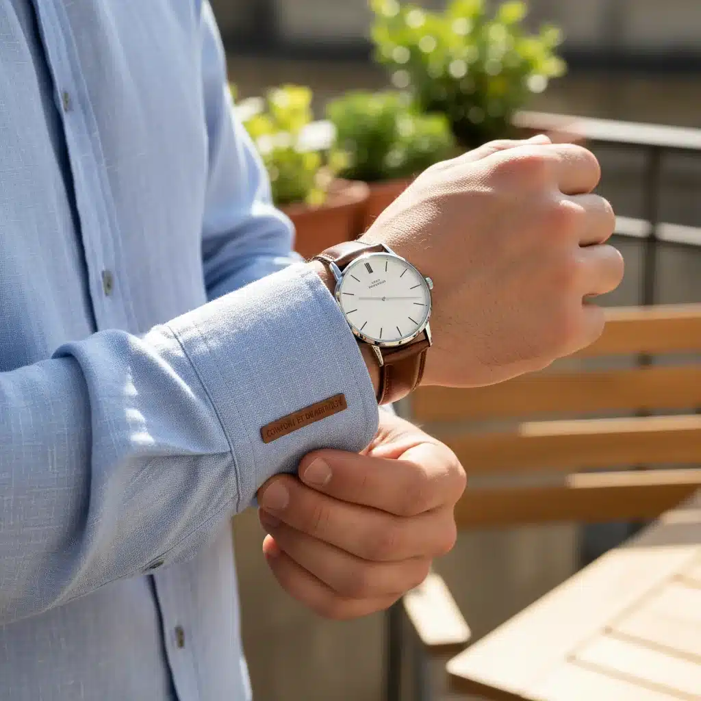 Détail d'une chemise en lin et d'une montre minimaliste, symbolisant le confort et la durabilité dans la mode masculine.