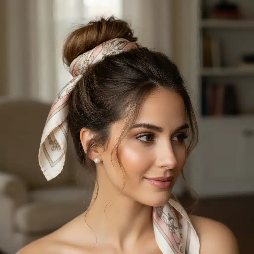 Gros plan d'un chignon déstructuré orné d'un foulard en soie, une des coiffures tendance 2026 pour un look décontracté chic.