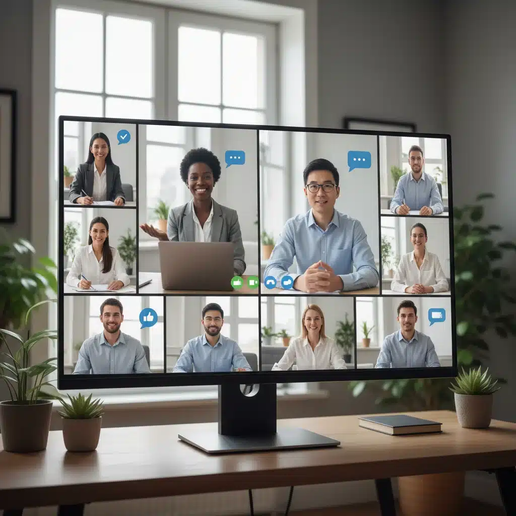 Grupo diversificado de profissionais colaborando efetivamente em uma reunião virtual.