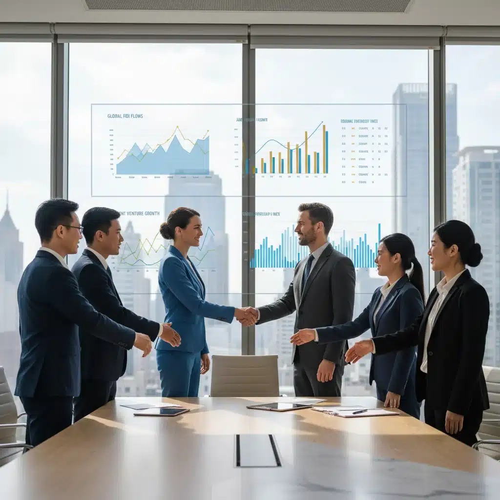 Professionnels internationaux scellant un accord, illustrant la collaboration économique et les investissements directs étrangers.