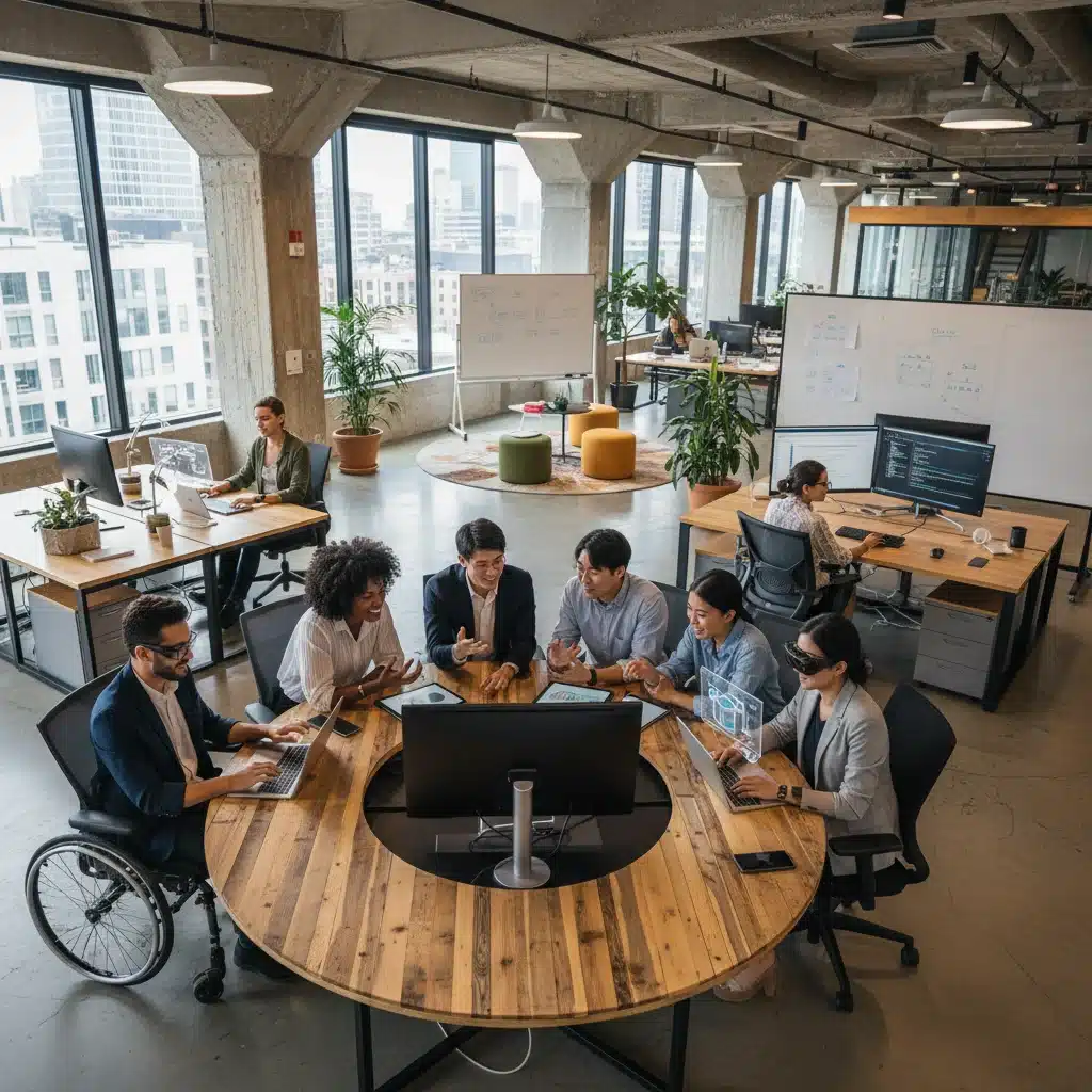Professionnels collaborant dans un environnement de travail numérique moderne, reflétant les opportunités d'emploi.