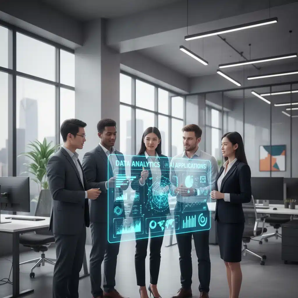 Professionnels collaborant avec des données holographiques, illustrant l'intégration numérique en entreprise.