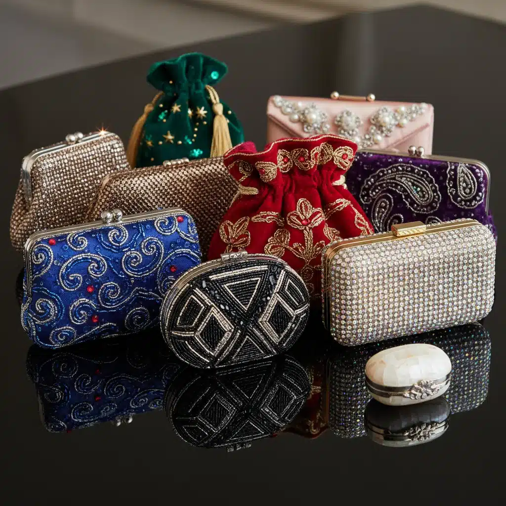 Collection de petits sacs de soirée et pochettes ornés de perles et cristaux