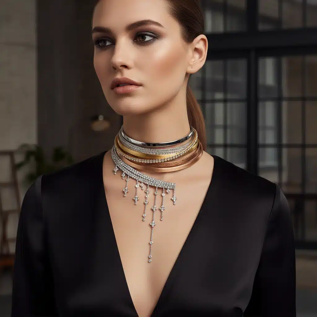 Mannequin portant un collier choker multi-rangs en diamants, tendance 2026