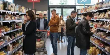 Consommateurs français face à l'inflation en supermarché, examinant des produits avec attention.