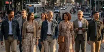 Pessoas no Brasil usando roupas duráveis e atemporais em um ambiente urbano, simbolizando consumo consciente em 2026.