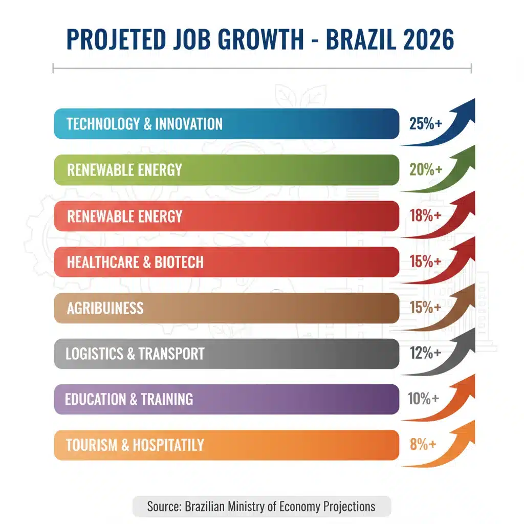 Gráfico de barras mostrando a projeção de crescimento de empregos nos principais setores econômicos brasileiros até 2026.