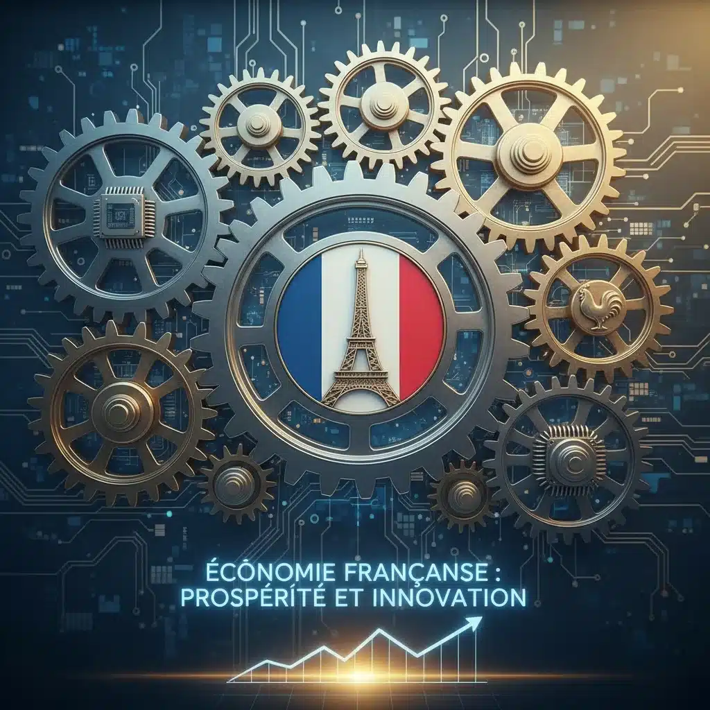 Engrenages symbolisant la croissance économique et la compétitivité française.