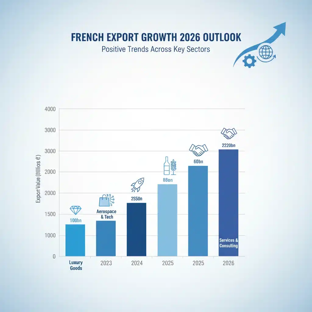 Graphique montrant l'augmentation des exportations françaises en 2026 grâce aux dispositifs de soutien et aides d'État.