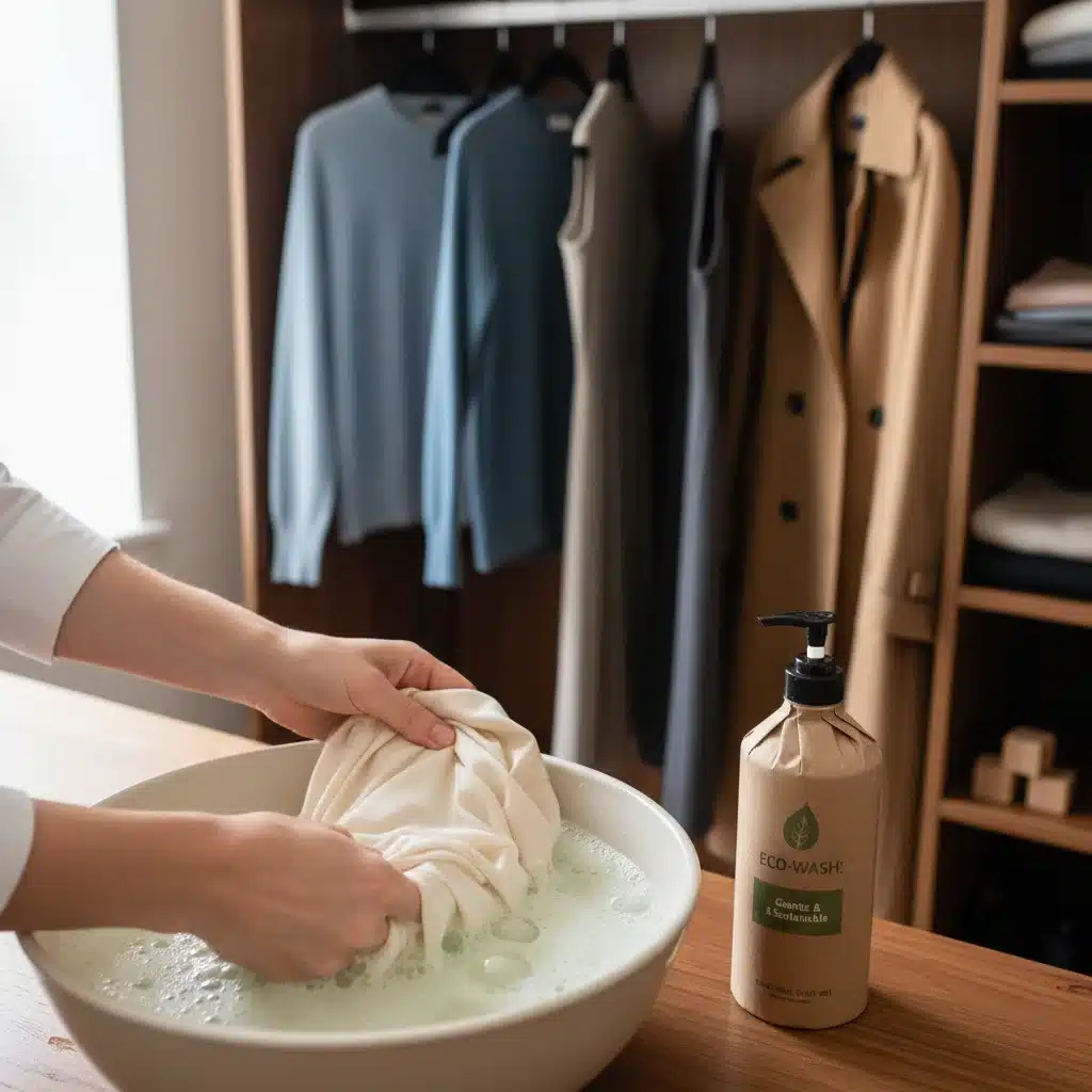 Pessoa lavando à mão uma peça de roupa delicada com sabão ecológico, em frente a um guarda-roupa organizado, simbolizando o cuidado com as roupas.