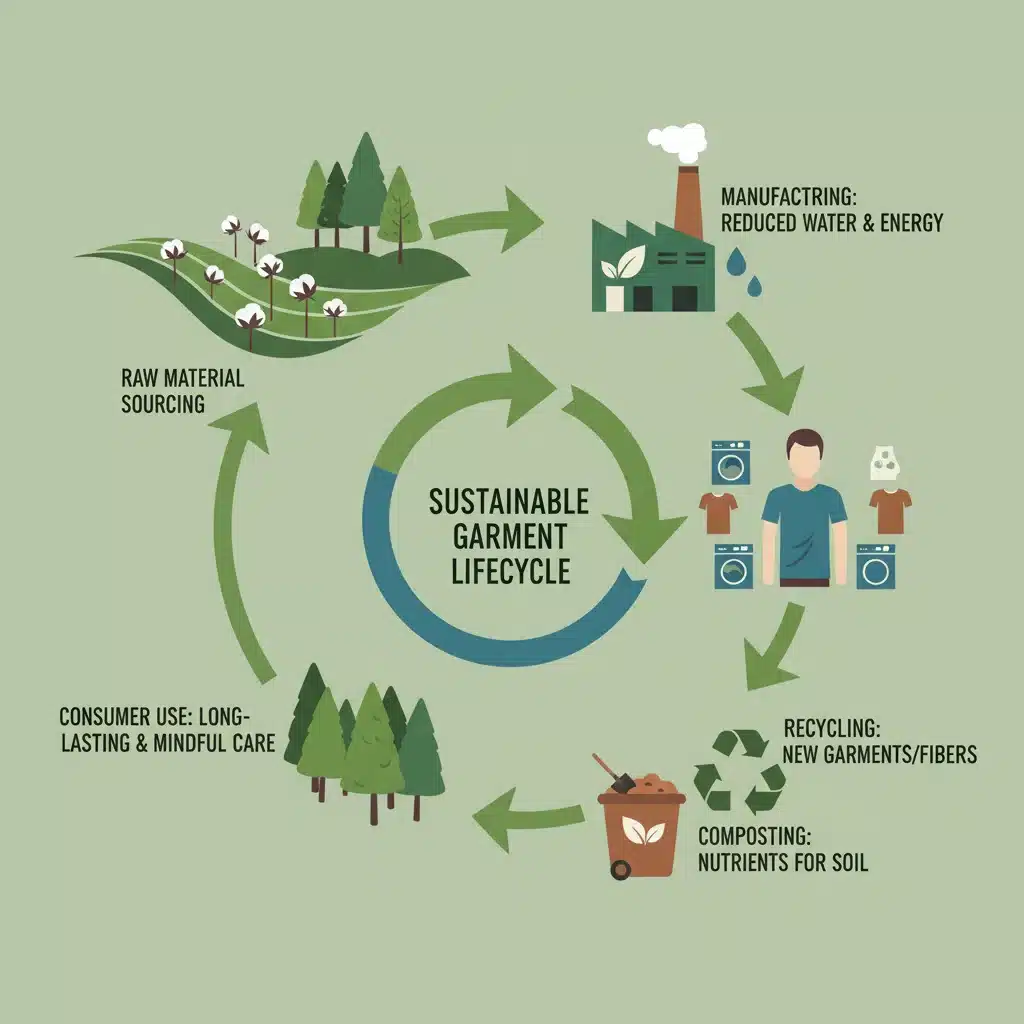 Infographie illustrant le cycle de vie circulaire d'un vêtement durable, de la production au recyclage.