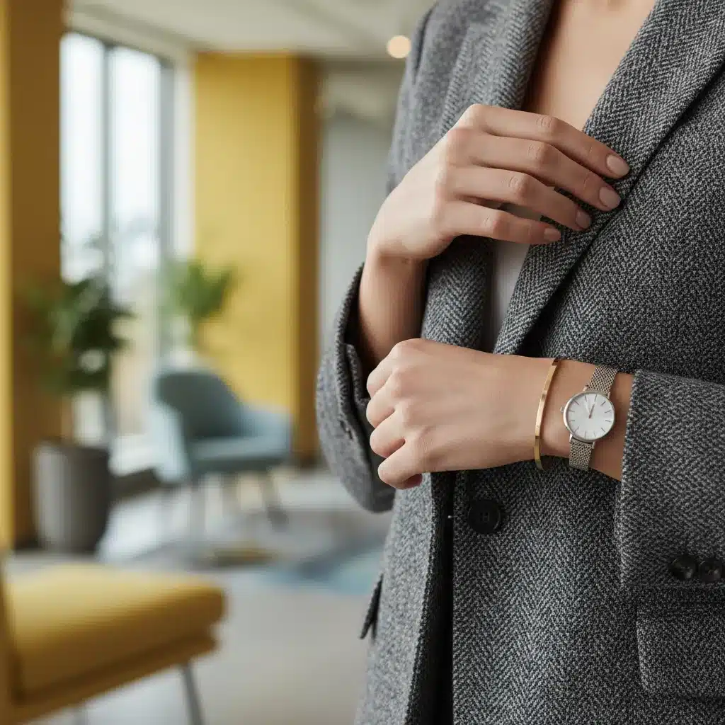Détail d'un blazer bien coupé et d'accessoires discrets, symbolisant l'élégance professionnelle.