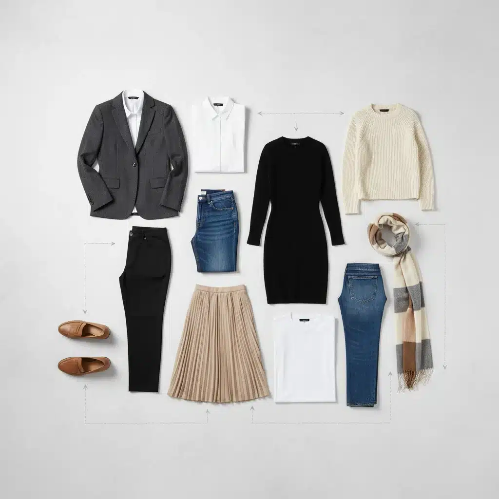Dez peças de roupa essenciais para um closet cápsula versátil e elegante.
