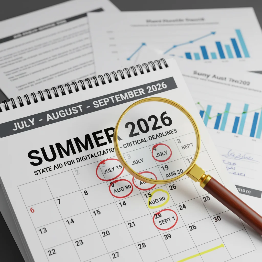 Calendrier avec les dates importantes de l'été 2026, soulignant les échéances pour les aides à la digitalisation.