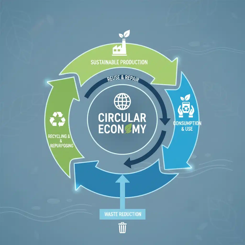 Infographie sur l'économie circulaire et la décarbonation, illustrant les efforts de l'industrie française pour la durabilité.